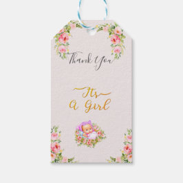 Rosa och Guld Flower temat en flickdusch Presentetikett