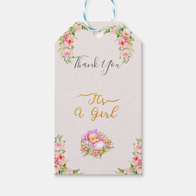 Rosa och Guld Flower temat en flickdusch Presentetikett (Framsidan)