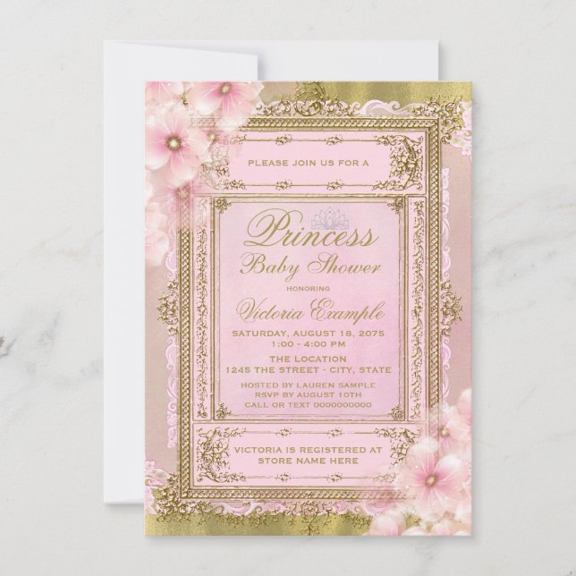 Rosa och guld folie prinsessa baby shower inbjudningar (Framsida)