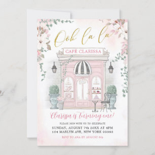 Rosa och Guld Fransk Cafe Patisserie Girl Birthday Inbjudningar