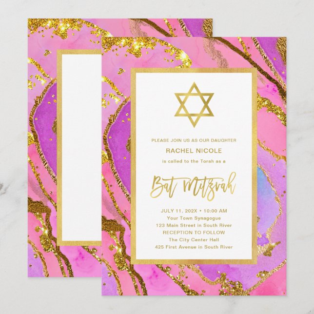 Rosa och Guld Geode | David Bat mitzvah stjärna Inbjudningar (Fram/baksida)