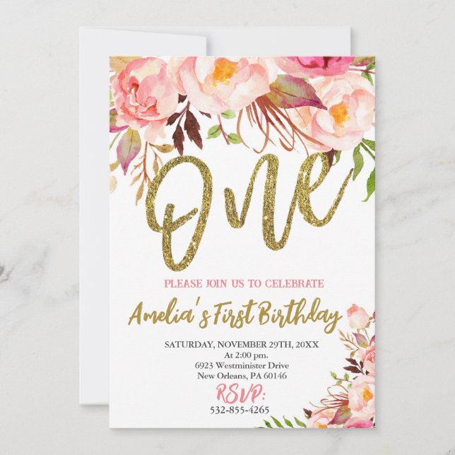 Rosa och Guld Girls First Birthday, Boho Blommigt Inbjudningar (Framsida)