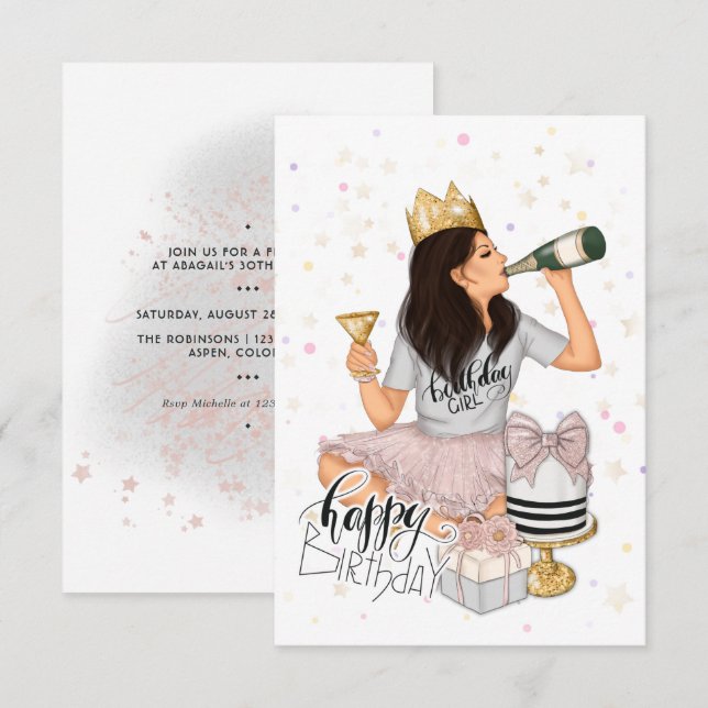 Rosa och Guld Girly Födelsedagsfest Inbjudningar (Fram/baksida)
