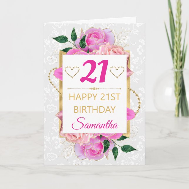 Rosa och guld Glam Röda rosar Födelsedag  Kort (Framsida)