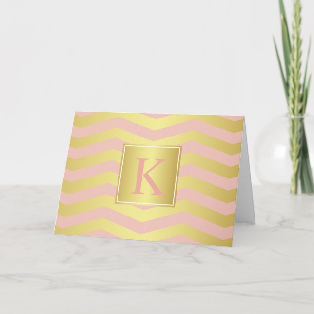 Rosa och Guld Glamor Chevrons med Monogram Anteckningskort (Framsida)