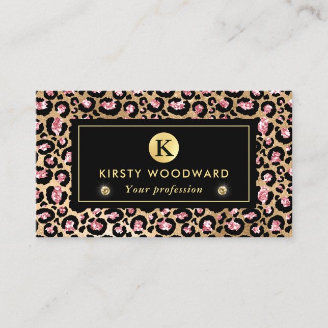 Rosa och guld glamourösa leopardfläckar mönster visitkort (Framsida)