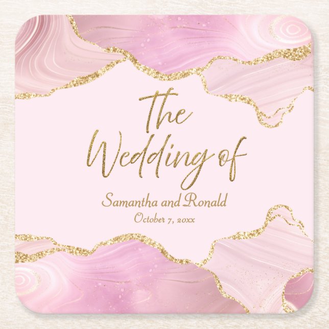 Rosa och Guld Glitter agerade Bröllop Underlägg Papper Kvadrat (Framsidan)