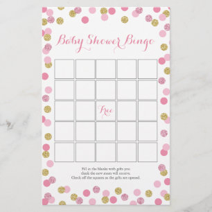 Rosa och Guld Glitter Baby Shower Bingo Game Flygblad