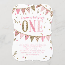 Rosa och Guld Glitter-banderoll 1:a födelsedag Par Inbjudningar