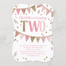 Rosa och Guld Glitter-banderoll andra Födelsedagsf Inbjudningar