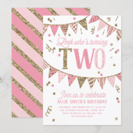 Rosa och Guld Glitter-banderoll andra Födelsedagsf Inbjudningar