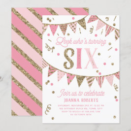 Rosa och Guld Glitter-banderoll sjätte Födelsedags Inbjudningar