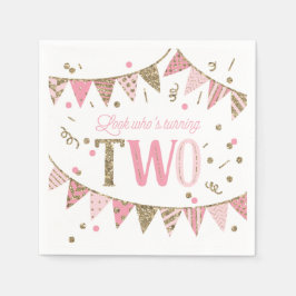 Rosa och Guld Glitter-banderoller 2:a födelsedag Pappersservett