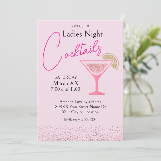 Rosa och guld glitter damernas cocktailsfest inbjudningar (Stående Fram)