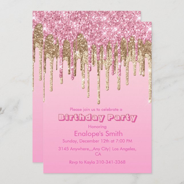 Rosa och Guld Glitter Drivrutiner på födelsedagen Inbjudningar (Fram/baksida)