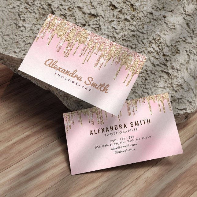 rosa och guld glitter-droppfotografi visitkort (Skapare uppladdad)