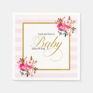 Rosa och guld glitter elegant blommande baby showe pappersservett