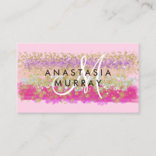 Rosa och Guld Glitter, färgstarkt vitt monogram Visitkort