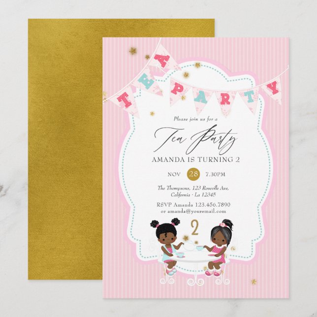 Rosa och Guld Glitter flicka 2:a födelsedagen Tea  Inbjudningar (Fram/baksida)