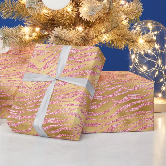 Rosa och guld glitter glam tiger randigt mönster presentpapper (Helgdagar)