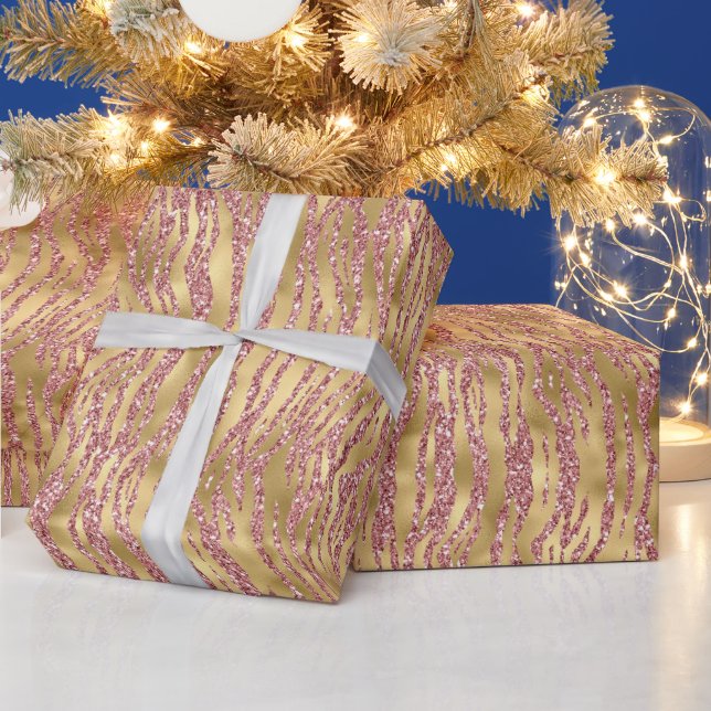 Rosa och guld glitter glamour tiger randigt mönste presentpapper (Helgdagar)