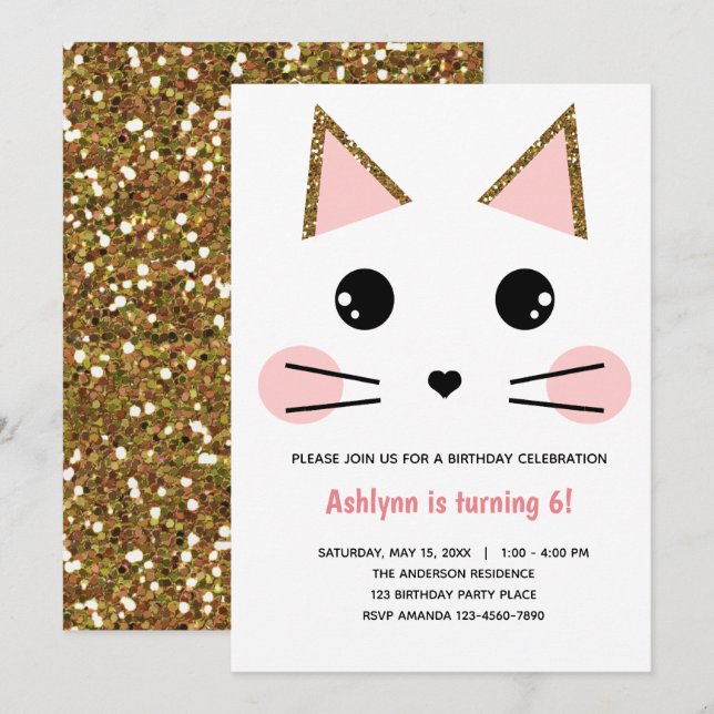 Rosa och Guld Glitter-kattfödelsedagen Inbjudningar (Fram/baksida)