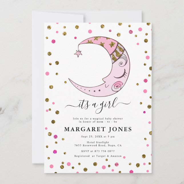 Rosa och guld glitter Konfetti Moon Baby Shower  Inbjudningar (Framsida)