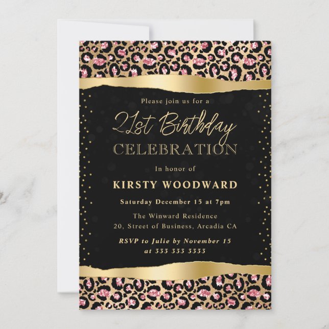 Rosa och Guld Glitter Leopardfläckar 21:a födelsed Inbjudningar (Framsida)