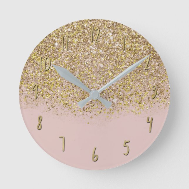 Rosa och Guld Glitter Modern Trendig Glam Chic Rund Klocka (Framsida)