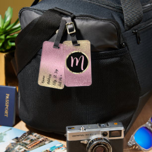 Rosa och Guld Glitter - Monogram resagemärkning Bagagebricka
