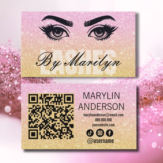 Rosa och Guld Glitter Ombre Lash QR-kodskanning Visitkort (Skapare uppladdad)