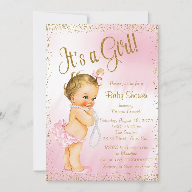 Rosa och Guld Glitter Pearl Baby Shower Inbjudningar (Framsida)