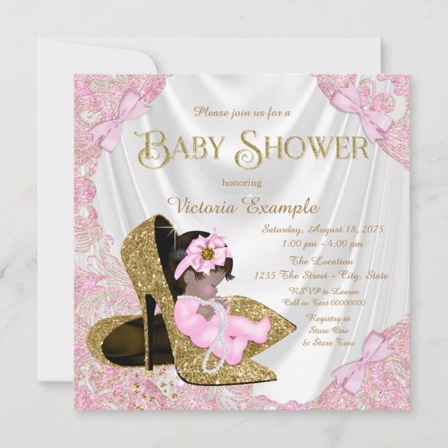 Rosa och Guld Glitter Shoe Baby Shower Inbjudningar (Framsida)