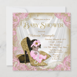 Rosa och Guld Glitter Shoe Pearl Baby Shower Inbjudningar