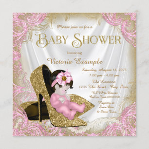 Rosa och guld glitter sko pärlor baby shower inbjudningar