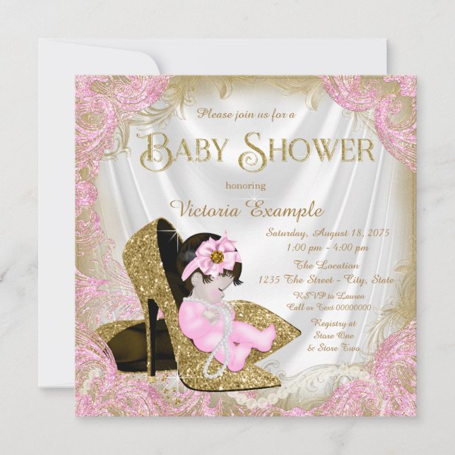Rosa och guld glitter sko pärlor baby shower inbjudningar (Framsida)