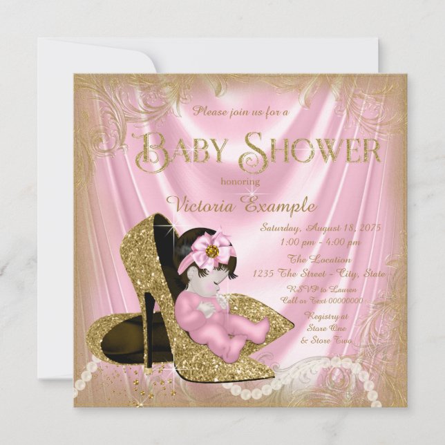 Rosa och guld glitter sko pärlor baby shower inbjudningar (Framsida)