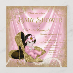 Rosa och guld glitter sko pärlor baby shower inbjudningar
