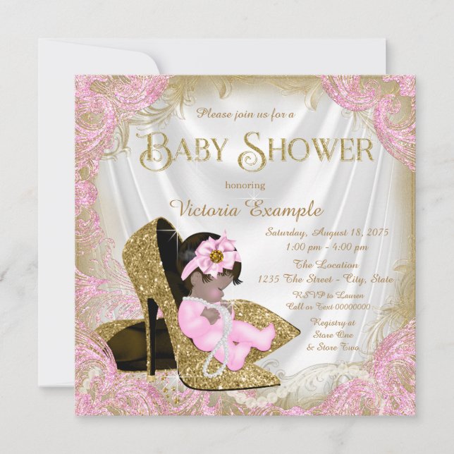 Rosa och guld glitter sko pärlor baby shower inbjudningar (Framsida)