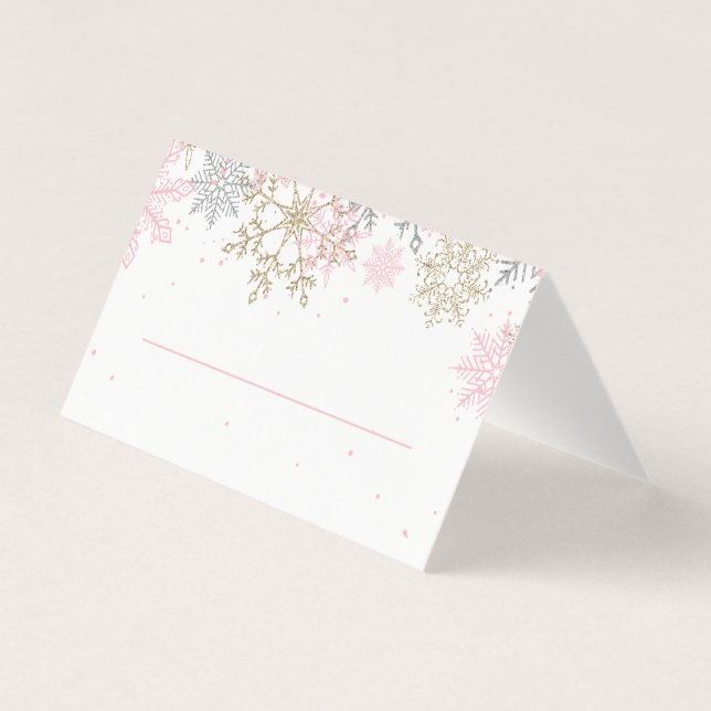 Rosa och guld glitter snöflinga platskort kort (Framsida)