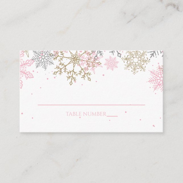 Rosa och guld glitter snöflinga platskort tilläggskort (Framsida)