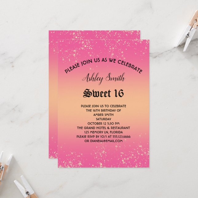 Rosa och Guld Glitter Sweet 16-inbjudan Inbjudningar (Fram/Back In Situ)