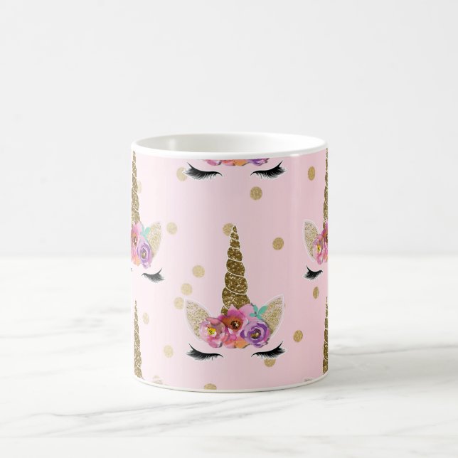 Rosa och Guld Glitter Unicorn Blommigt Horn Modern Kaffemugg (Center)