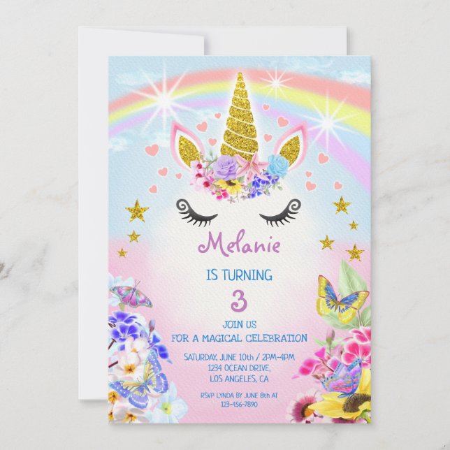 Rosa och Guld Glitter Unicorn Rainbow Birthday Inbjudningar (Framsida)