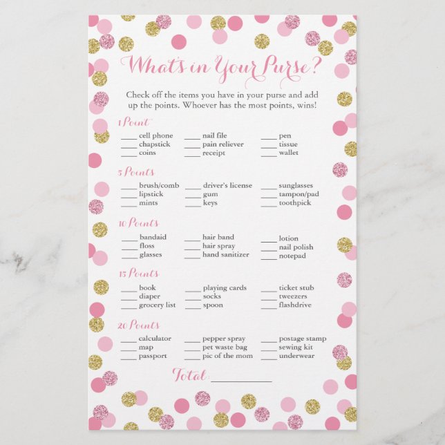 Rosa och Guld Glitter What's in Your Purse Game (Framsida)