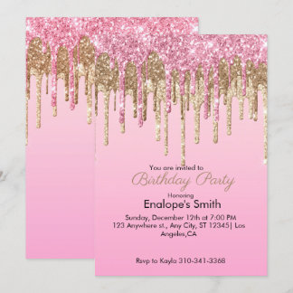 Rosa och guld glitterdroppar födelsedagsinbjudan inbjudningar