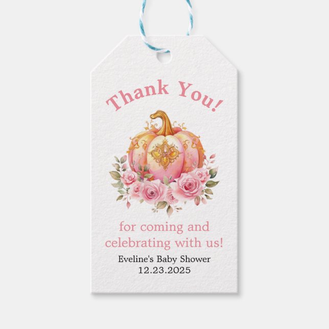 Rosa och Guld Halloween Pumpkin Baby Shower Presentetikett (Framsidan)