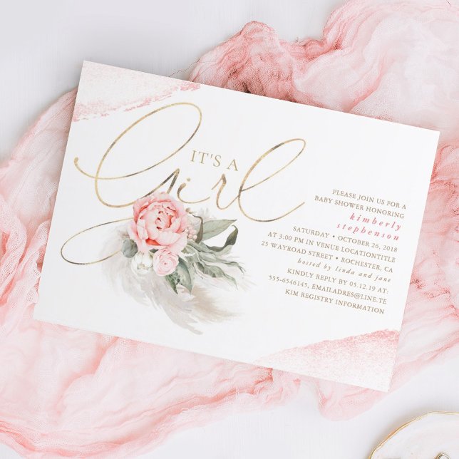 Rosa och Guld har en Blommigt Boho Baby Shower Inbjudningar (Skapare uppladdad)