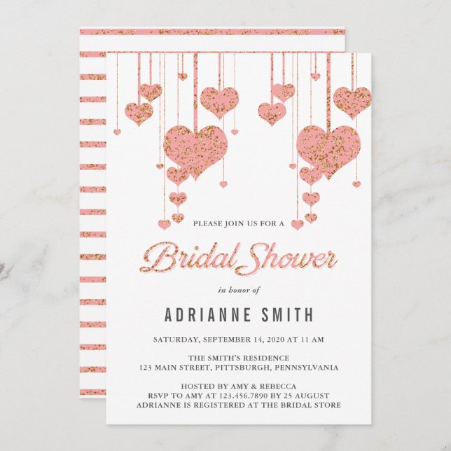 Rosa och Guld Hearts Möhippa Inbjudningar (Fram/baksida)