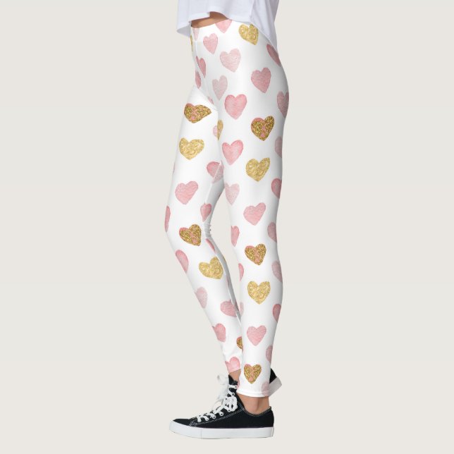 Rosa och Guld Hearts Mönster Leggings (Vänster)